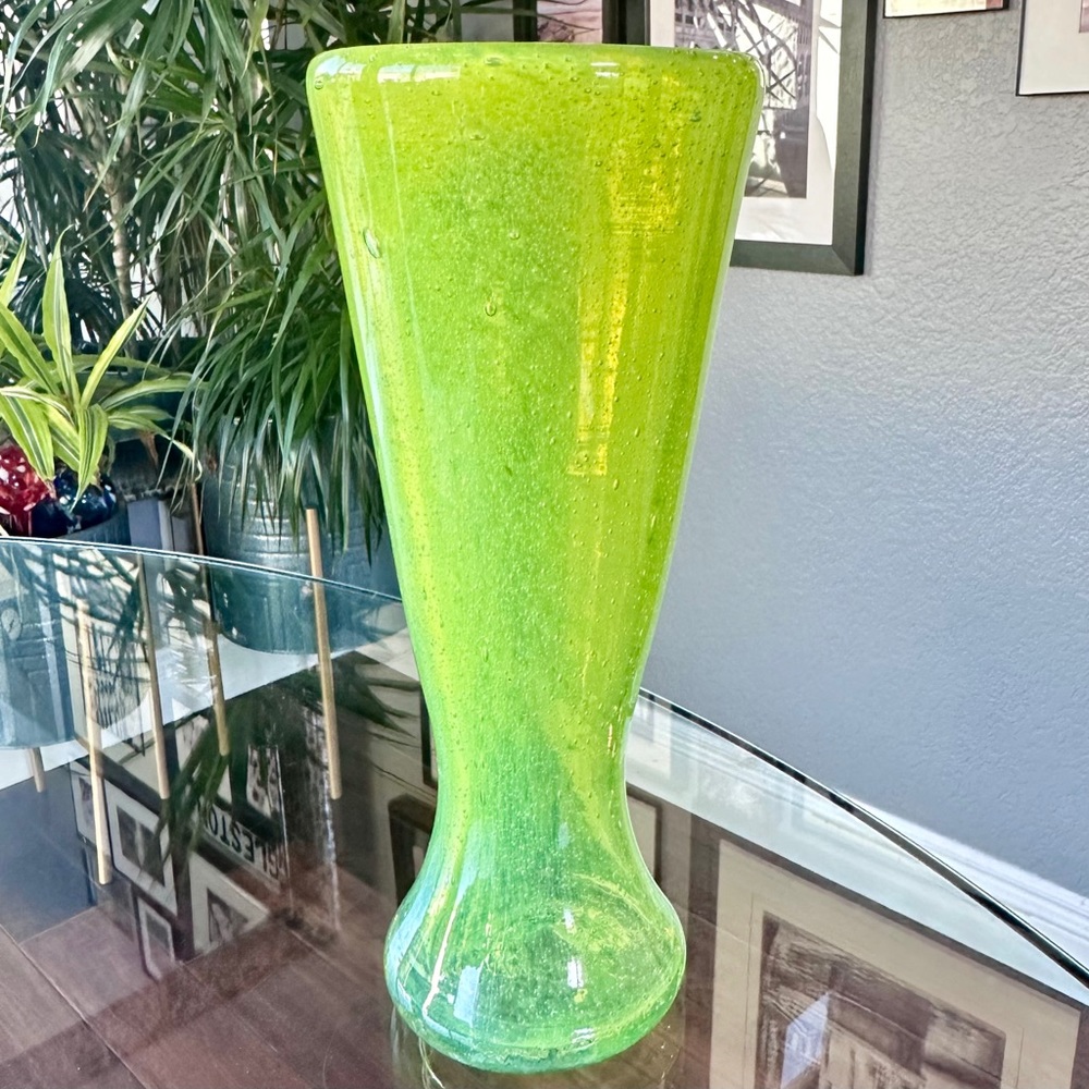 Vintage Rustic Handblown Bubble Chartreuse Yellow Green Heavy 9โ Vase - Glows